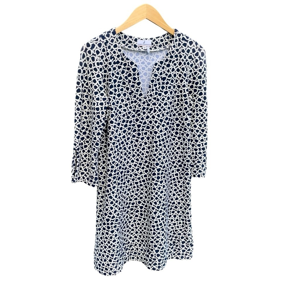 Jude Connally Medium MEGAN Tunic‎ DRESS Blue Print  3/4 SLEEVES V-Neck Stretch